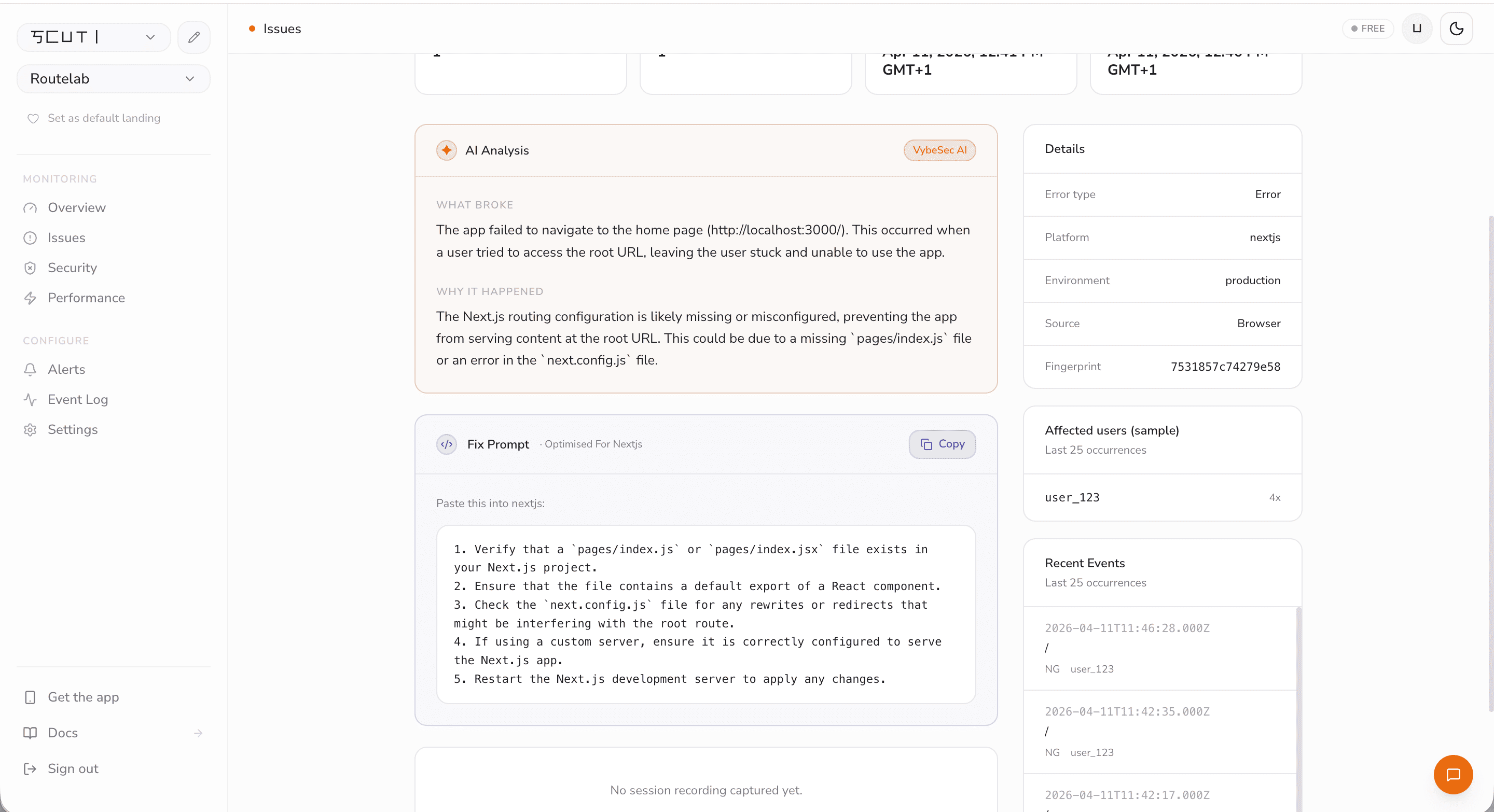 VybeSec dashboard — plain-English error feed with fix prompts